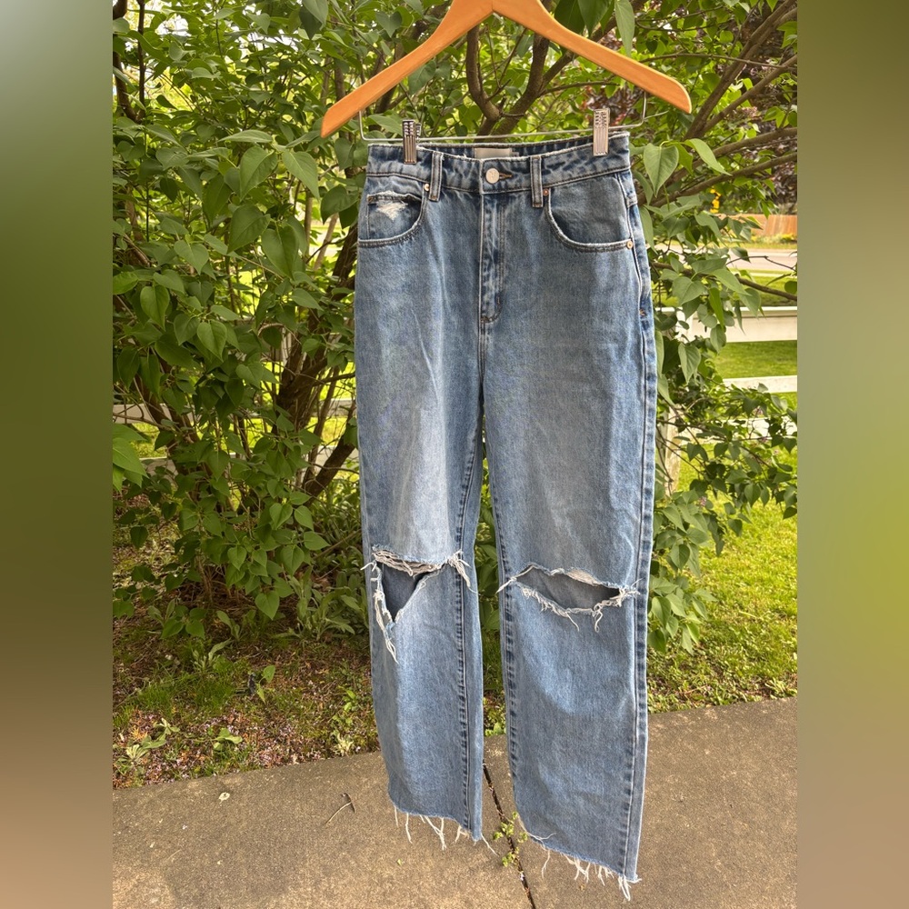 Abrand Blue Straight Leg Jeans with Distressed Details, raw hem, A Carrie jeans